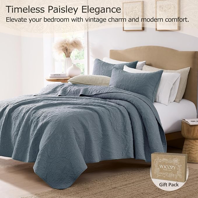 PALASSIO Dusty Blue Paisley 100% Cotton Quilt King Size Bedding Sets - Image 2