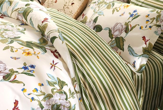 FADFAY Floral Duvet Cover Set 100% Cotton Green and Beige Striped Dorm Room - Image 6