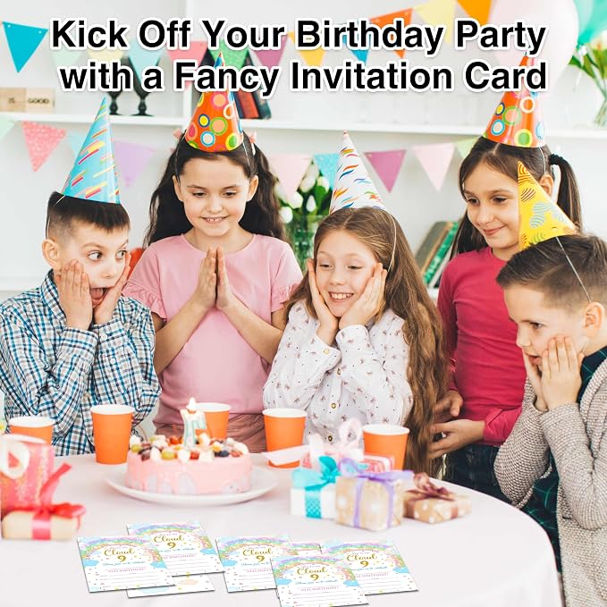 9th Birthday Invitations, 25 Double-Sided Rainbow Clouds Party Invitation Cards - Image 5