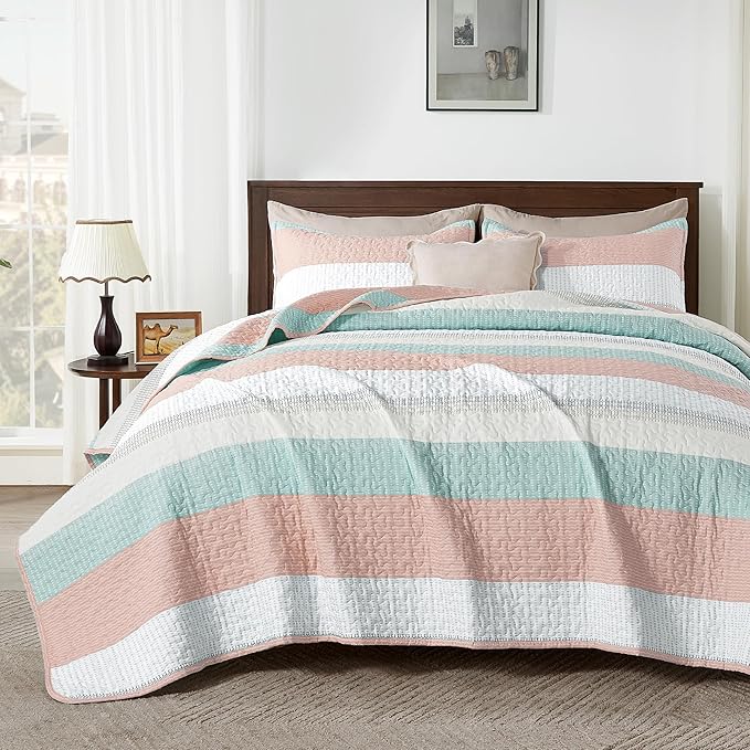 Andency Queen Quilt Bedding Set Pink Green, 3 Pieces Patchwork Summer Striped by Andency