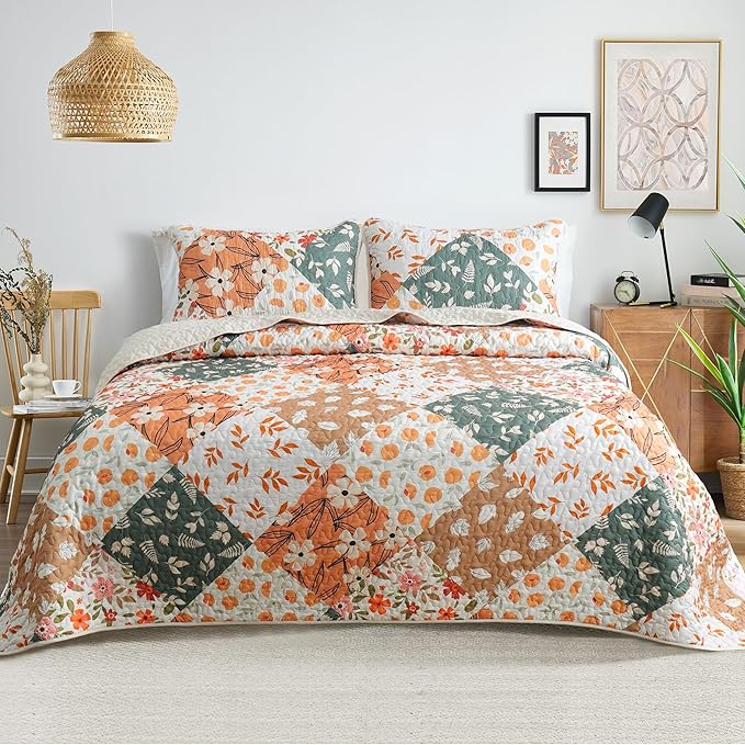 Whale Flotilla Patchwork Quilts Queen Size, Extra Soft Boho Floral Bedspreads by WHALEFLOTILLA