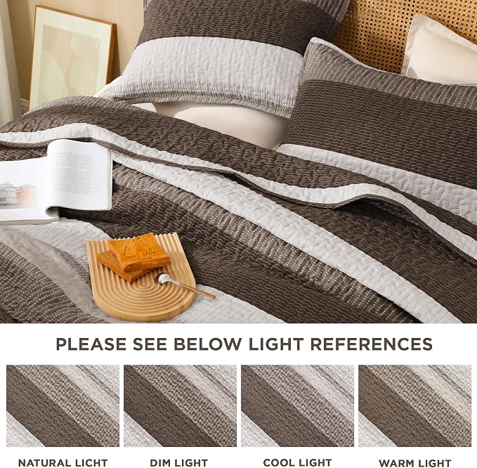 Litanika Quilt King Size Brown, Stripe Patchwork Summer Bedspread Coverlet 3 - Image 6