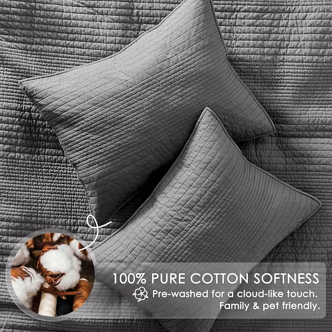 PALASSIO Striped Dark Grey 100% Cotton Quilt California Cal King Size Bedding - Image 4