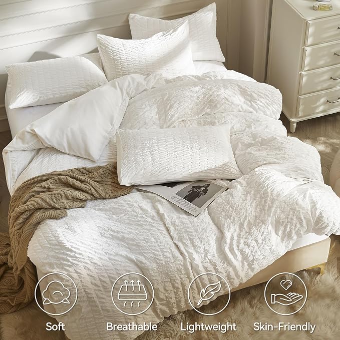 JELLYMONI White Duvet Cover King Size, Soft Breathable Seersucker Duvet Cover - Image 2