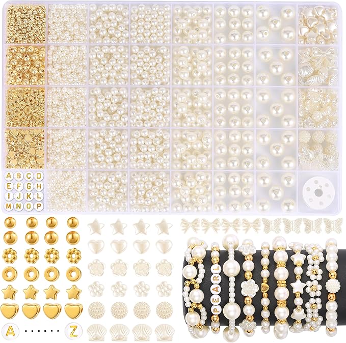 Funtopia 1860pcs Pearl Beads for Jewelry Making, 5 Sizes Round Pearls Bracelet by Funtopia