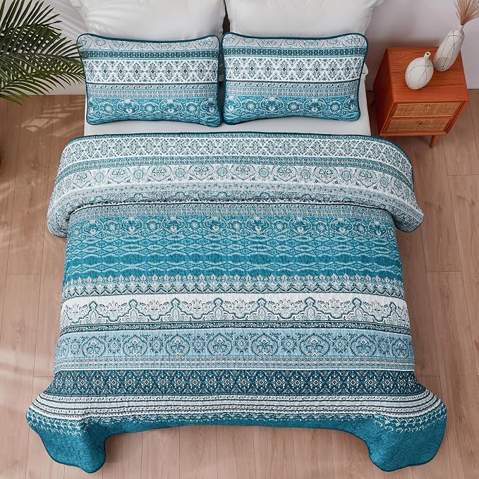 WONGS BEDDING Boho Queen Quilt Set, Teal and Blue Bohemian Quilt Bedding Set - Image 6