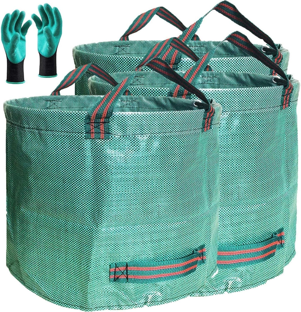 Professional 3-Pack 137 Gallon Lawn Garden Bags (D34, H34 inches) Big Yard Waste Bags with Garden Gloves, Extra Large Reusable Leaf Bags,Garden Clippings Bag,Leaf Container,Yard Trash Bags 4 Handles