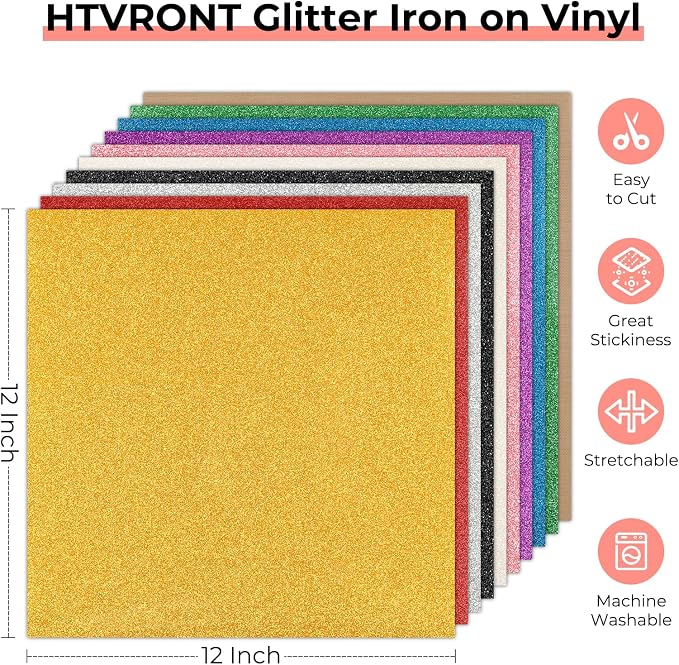 HTVRONT Glitter HTV Heat Transfer Vinyl: 10 Pack 12"x12" Iron on Vinyl | - Image 4