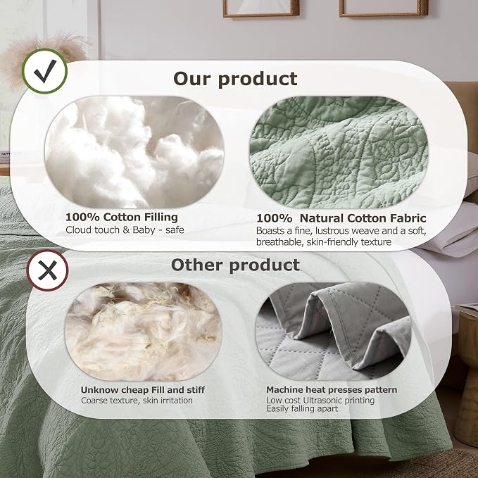 palassio Sage Green Paisley 100% Cotton Quilt California Cal King Size Bedding - Image 7