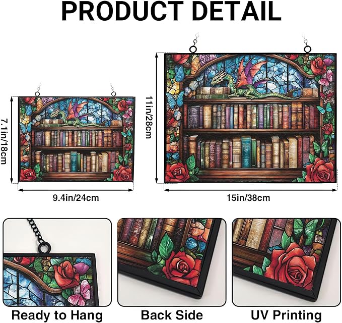 Rectangle Whimsical Dragon On Bookshelves Stained Glass Suncatcher Stained - Image 3