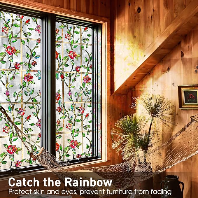 Coavas Window Privacy Film Stained Glass Window Clings 3D Red Rose Decorative - Image 8