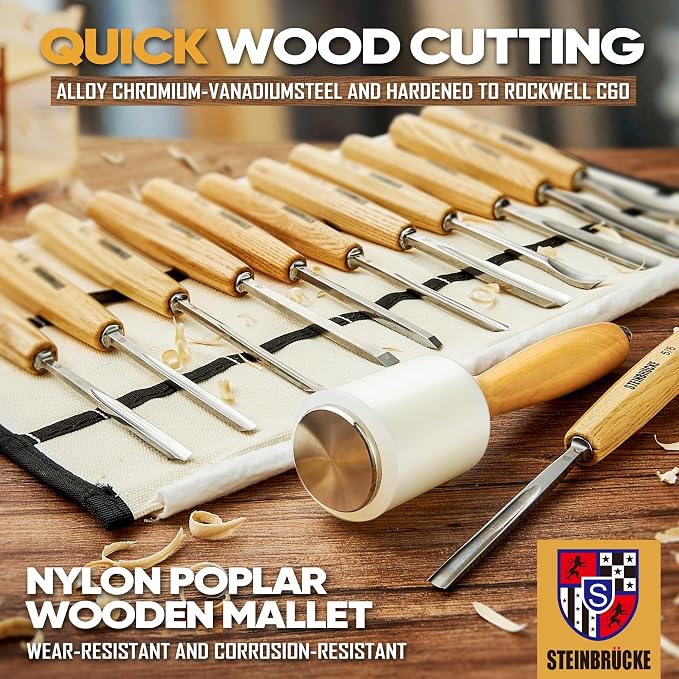 Wood Carving Kit, Wood Carving Tools Set of 12 Chisels and Mallet - Image 2