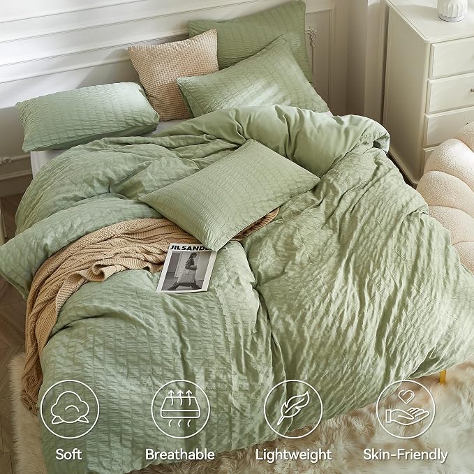 JELLYMONI Light Green Duvet Cover Full Size, Soft Breathable Seersucker Duvet - Image 2