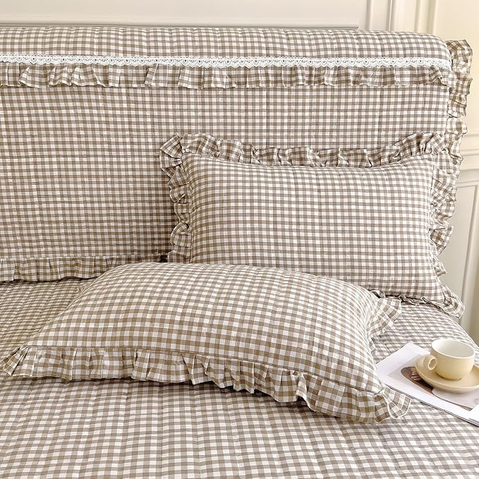 mixinni Tan Gingham Ruffle Duvet Cover Twin Size 3 Pieces – 100% Washed Cotton - Image 7