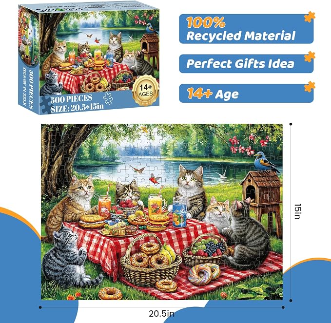 500 Piece Puzzles for Adults, Cat Family Dinner Large Piece Jigsaw Puzzle for - Image 2
