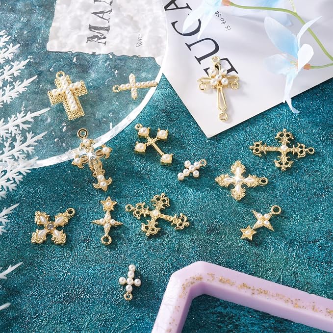 Cheriswelry 18Pcs Cross Metal Charms Light Gold Pearl Rhinestone Pendants Alloy - Image 7