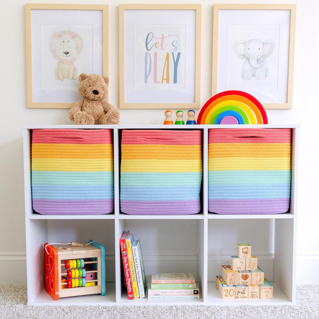 NaturalCozy Storage Cubes 11 Inch Cotton Rope Woven Baskets for Organizing, 3-Pack | Cube Storage Bin | Square Storage Baskets for Shelves Organizer, Classroom, Kids Toy Bins, Closet, Baby Nursery