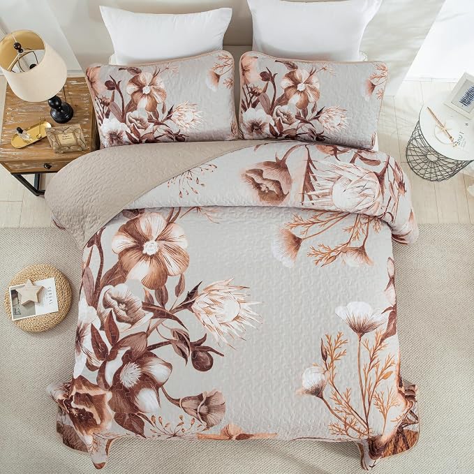 Khaki Floral Quilt Set Queen 3 Pieces Boho Flower Quilt Coverlet Set Soft - Image 3