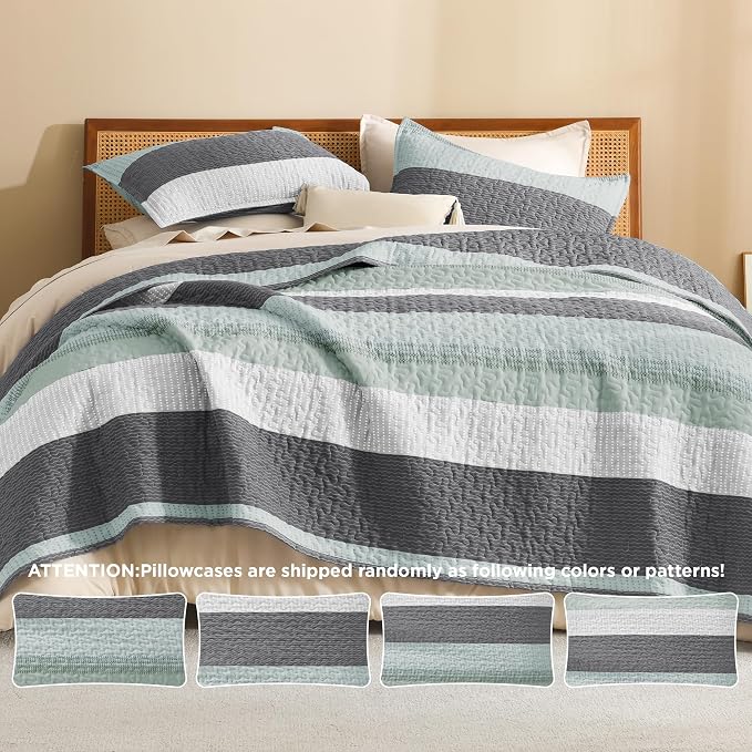 Litanika Oversized King Quilt Set Sage Green, 128x120 Stripe Bedspread Coverlet - Image 5