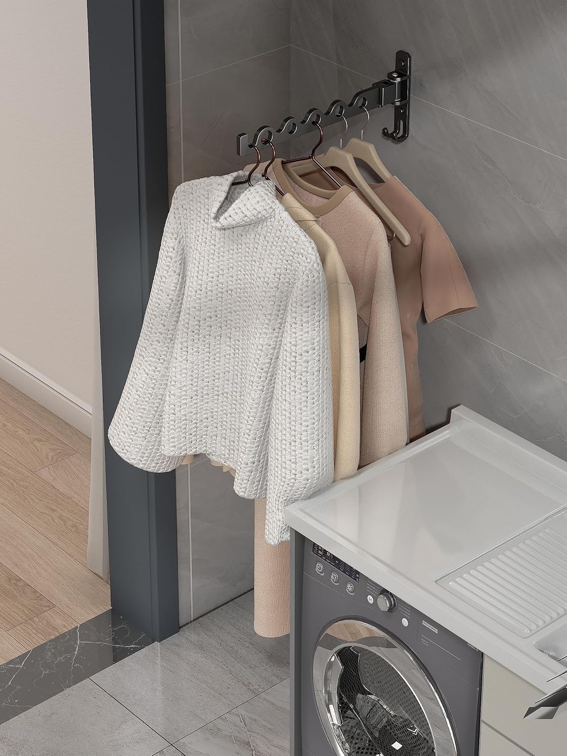 Dr.DJ Wall Hanger for Clothes, Coat Hanger Wall Mounted Matte Black Retractable Clothes Drying Organizer Rack Garment Hooks Aluminium Folding Indoor Wall Space Saver (2 Racks) Black