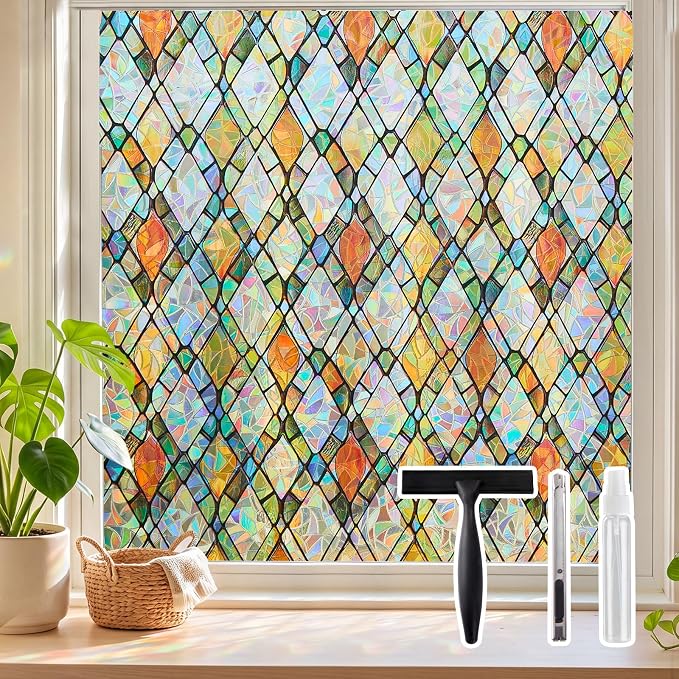 Window Privacy Film, Stained Glass Static Cling Rainbow Stickers 29.5" x by SUNBABY