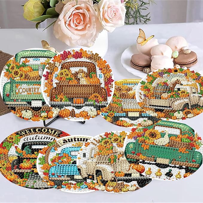 8 Pack Diamond Art Coasters, Autumn Truck Diamond Painting Coasters Kits | Fall - Image 5