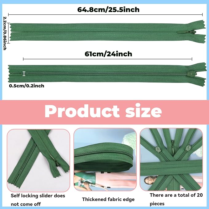 YAKA 20pcs Green Nylon Invisible Zippers Tailor Sewing Tools Garment - Image 2
