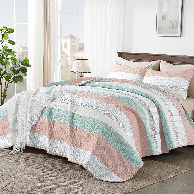 Andency Queen Quilt Bedding Set Pink Green, 3 Pieces Patchwork Summer Striped - Image 2