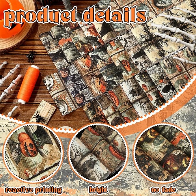 Hosuly 40 Pcs Vintage Halloween Fabric Gothic Fabric Skull Pumpkin Ghost Crow - Image 3