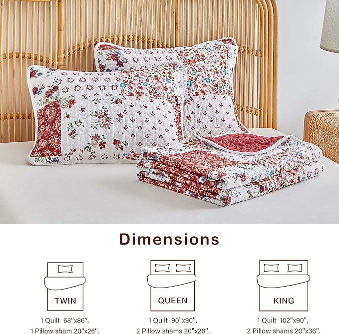 Joyreap 3 Pieces Floral Patchwork Quilt Set Twin, Burgundy Red n White Flowers - Image 5