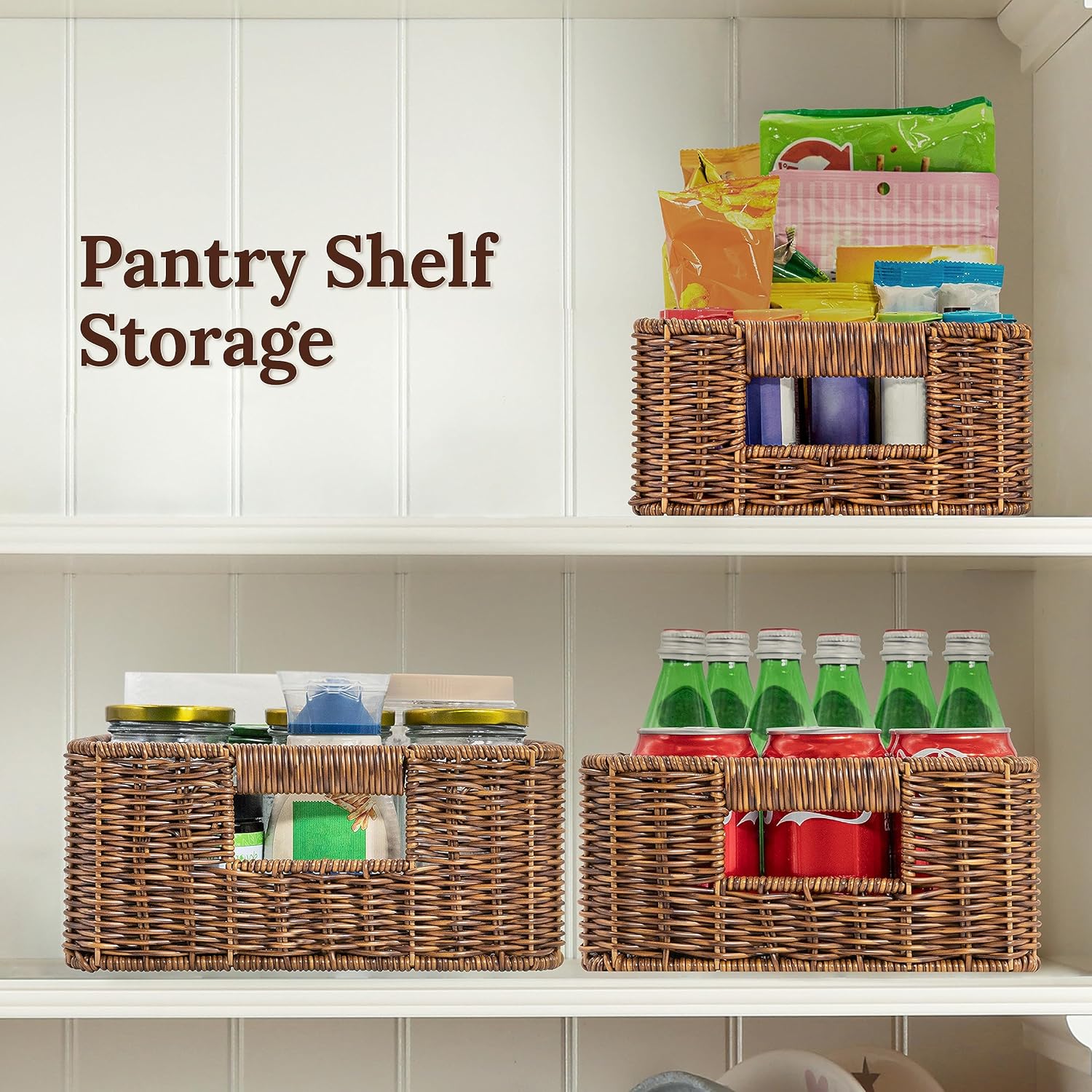 Baskets for Organizing, Undershelf Wicker Storage, Hand Woven Organizer for Closet Organization, Rectangular, Set of 3, Toffee