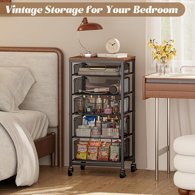 Rolling Cart with Drawers, 5-Drawer Storage Cart on Wheels with Vintage Wooden - Image 3