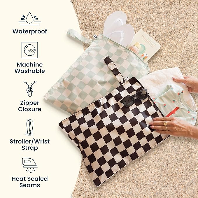 Tiny Twinkle Wet Dry Bag – 2 Pack Reusable Waterproof & Mess Proof Wet Bags for Swimsuits & Travel, Baby Towels & Beach Essentials,a Diaper Bag Must-Have(Unisex Checkers)