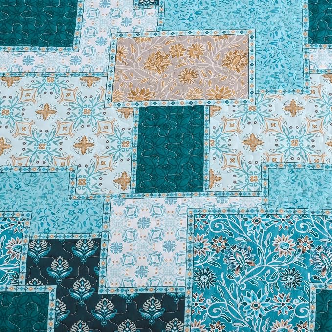 Xruibed Teal Quilt Set King Size 3 Pieces Plaid Floral Boho Bedspread Coverlet - Image 6