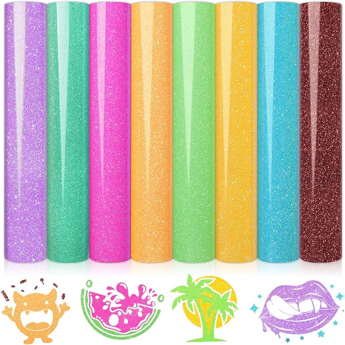 WRAPXPERT Neon Glitter HTV Heat Transfer Vinyl Bundle, 8 Packs Glitter Iron on by WRAPXPERT