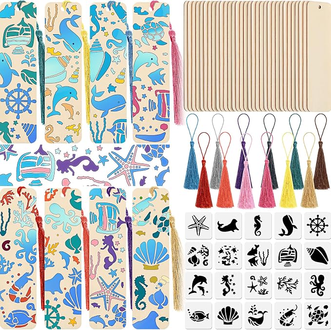 TaoBary 92 Pcs 4.8 x 1.3 Inch Ocean Wood Bookmark Making Kit Includes 36 by TaoBary