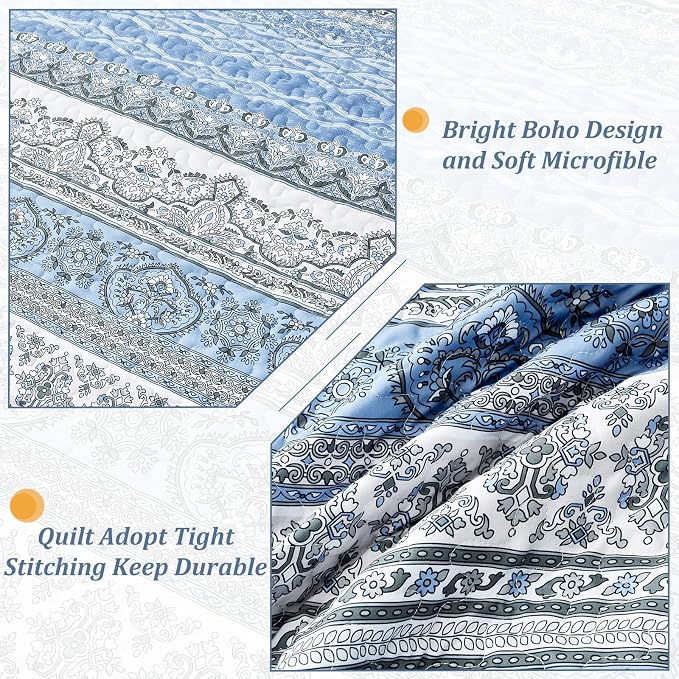 WONGS BEDDING Boho Queen Quilt Set, Light Blue Bohemian Queen Quilt Bedding Set - Image 5
