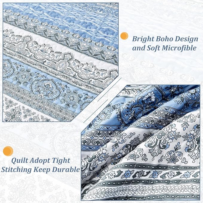 WONGS BEDDING Boho King Quilt Set, Light Blue Bohemian King Quilt Bedding Set - Image 5