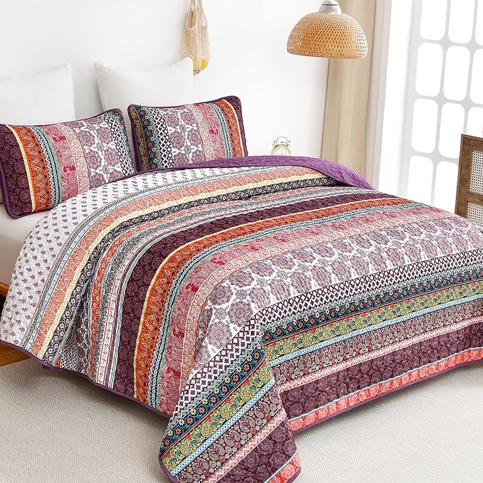 WONGS BEDDING Boho Quilt Set Queen Size, Lightweight Soft Microfiber Bedding Set - Image 2