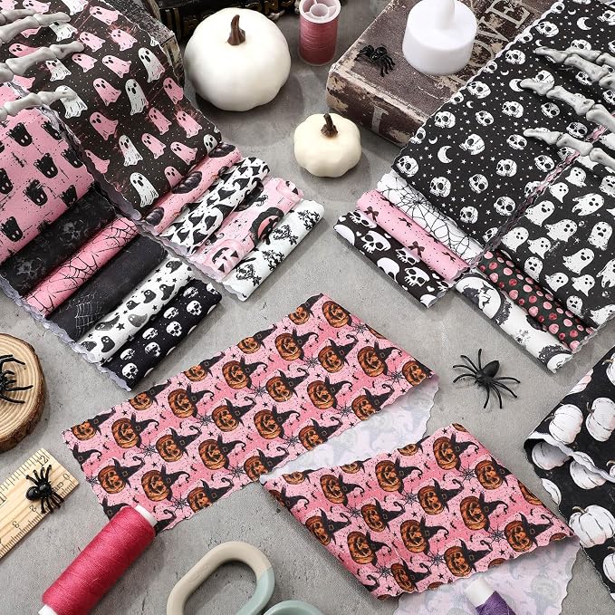 Hosuly 40 Pcs Pink Halloween Fabric Vintage Pumpkin Crow Skull Ghost Spiderweb - Image 3