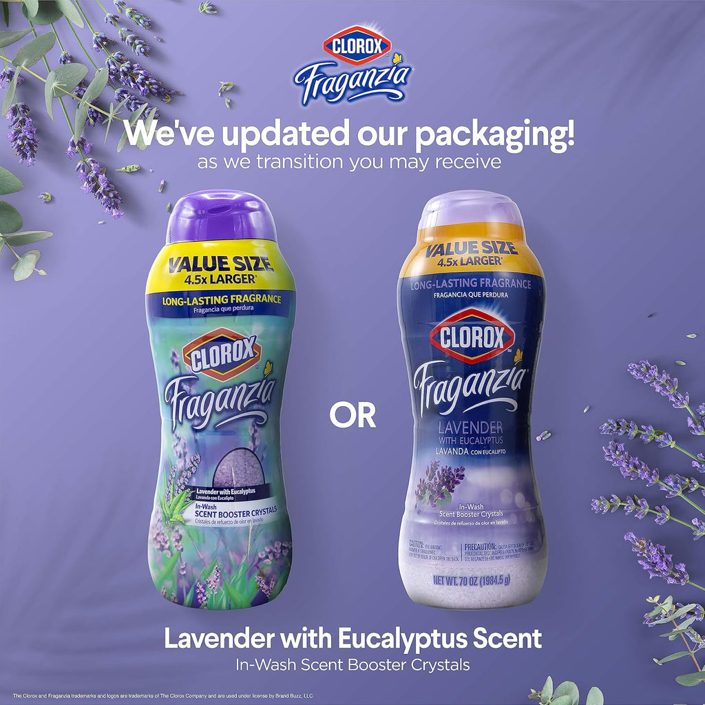 Clorox Fraganzia Laundry Scent Booster Crystals in Lavender with Eucalyptus Scent - Scented In-Wash Freshener Beads for Fresh, Clean, Great Smelling Clothes and Linens, 70 Oz - 6 Pack