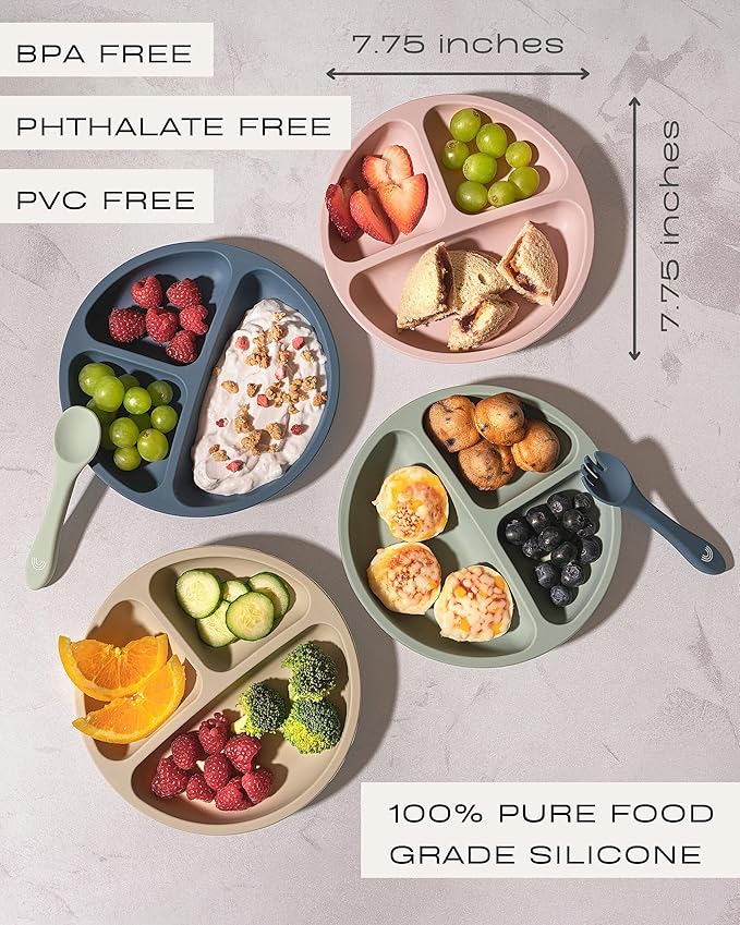 Hippypotamus Toddler Plates with Suction - 100% Food-Grade Silicone Baby Plates with Lids - Microwave & Dishwasher Safe - BPA Free - Set of 3 (Fog/Nude/Sage with LIDS)