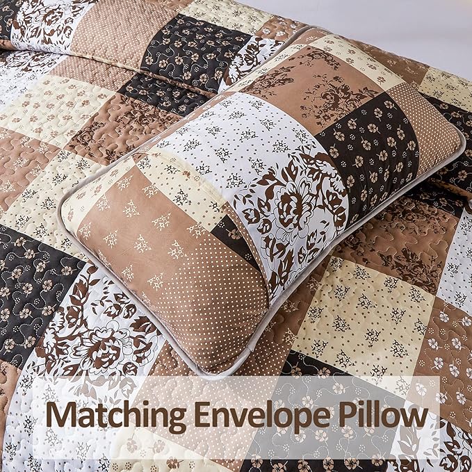 Mybedsoul Khaki Quilt Set King Size Quilt Bedding Set Brown Plaid, 3 Pieces - Image 6