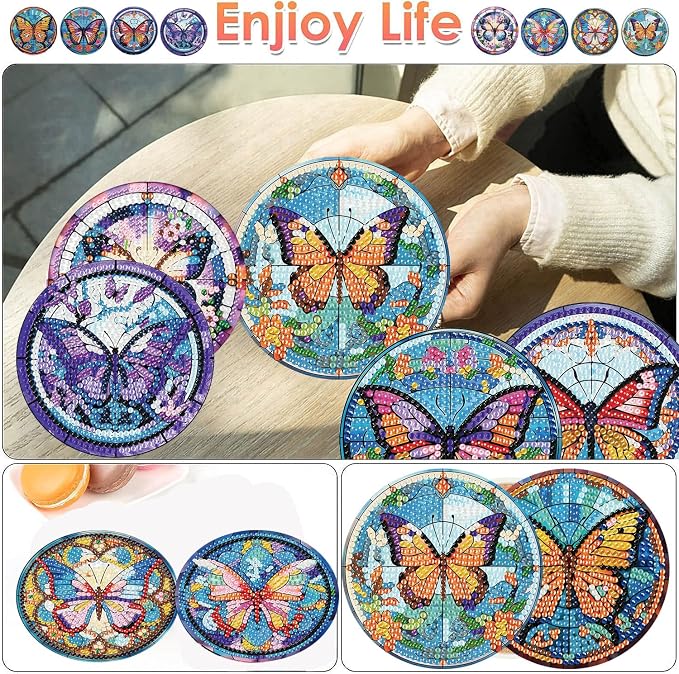 ijbnhd 8 Pcs Butterfly Diamond Painting Coasters Kits - Image 2