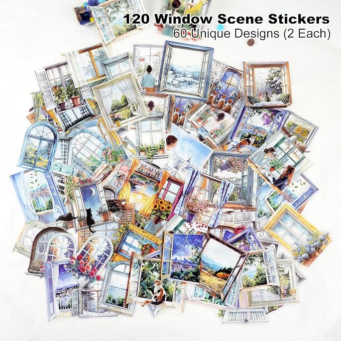 120PCS Watercolor Window PET Stickers – Scenic Views of Cats, Flowers & Cozy - Image 2