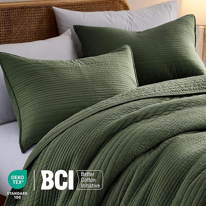 palassio Striped Olive Green 100% Cotton Quilt Queen Size Bedding Sets - Image 3