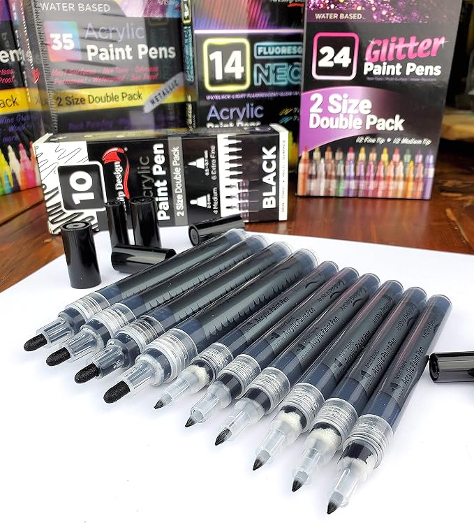 ArtShip Design 10 Black Acrylic Paint Pens, Double Pack of Both Extra Fine and - Image 2