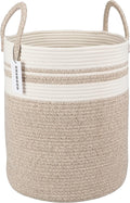 Cotton Rope Laundry Basket Hamper for Clothes Woven Storage Basket for Living Room Bedroom Boho Tall Rope Baskets for Blanket Toys Pillow Towels Baby Nursery Hamper Bin Large brown and white