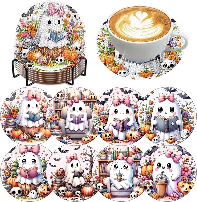 8 Pack Diamond Art Coasters, Halloween Ghost Diamond Painting Coasters Kits | by Zythron