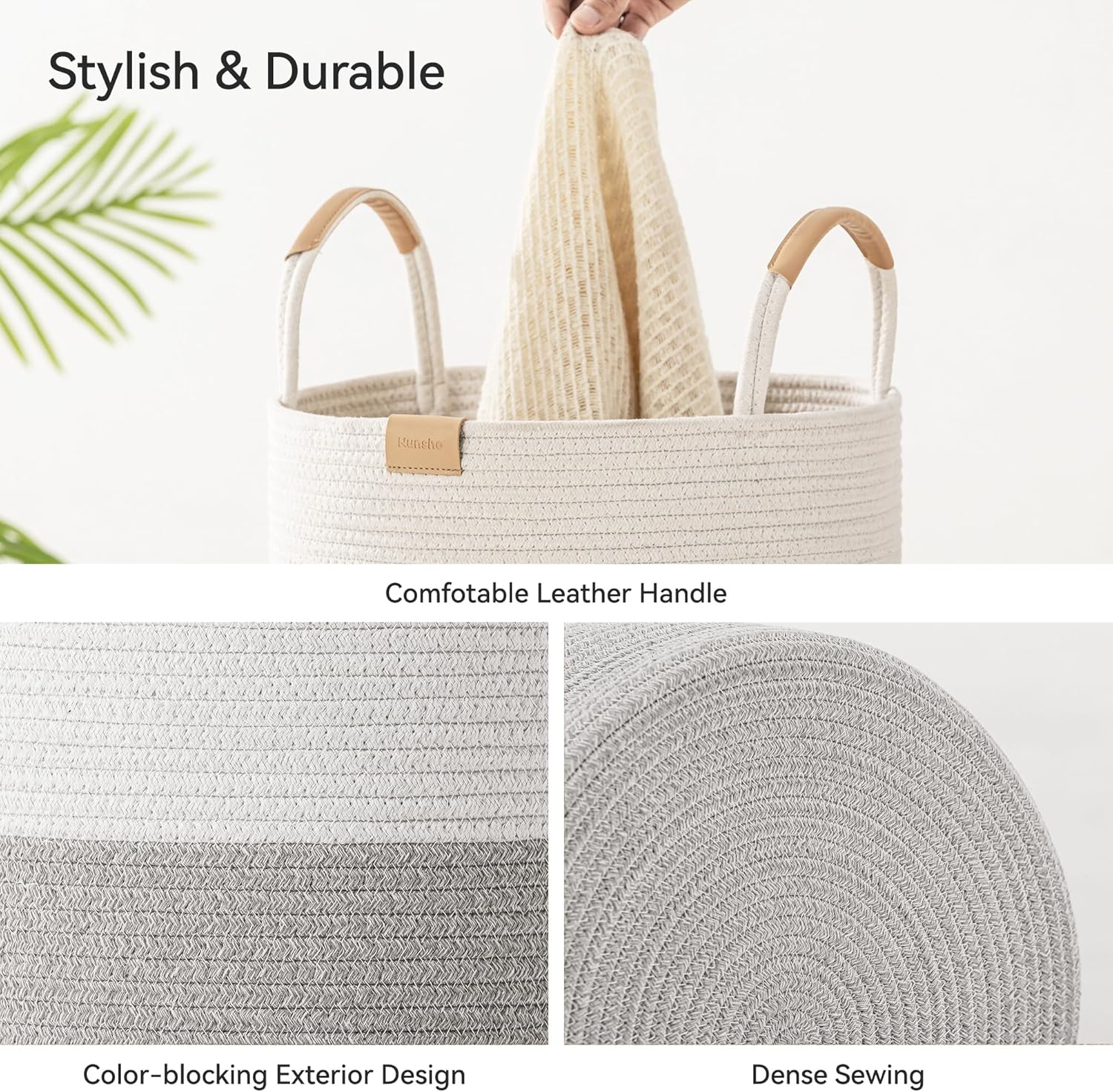 75L Striped Laundry Hamper with Leather Handles,Large Foldable Laundry Basket for Clothes,Cotton Rope Storage Bin for Blankets,Woven Clothes Basket for Bedroom,Gray Stripes